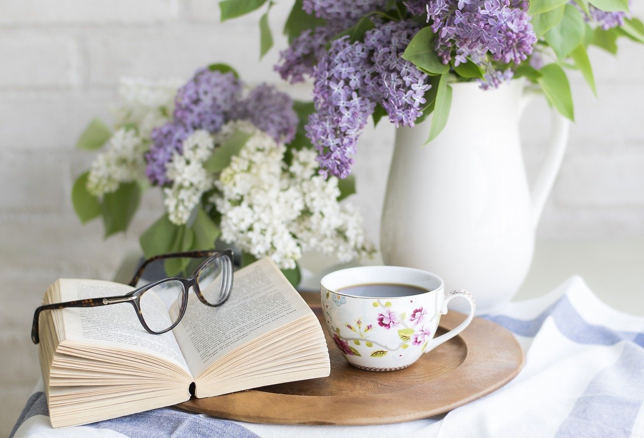 coffee, book, flowers, setting, romantic, rustic, teacup, vintage, home, reading, lifestyle, flower background, flower wallpaper, nature, cozy, beautiful flowers, relaxing, lilac, table, glasses